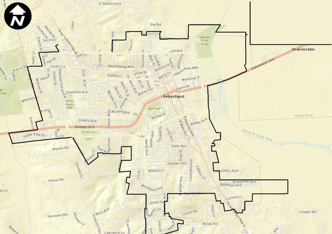 Street map of Sebastopol with the city limits outlined in black.