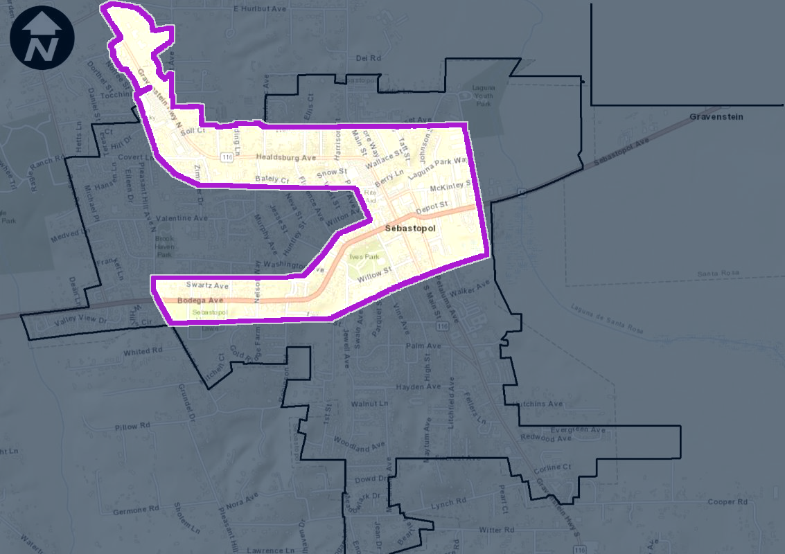 The same map with the proposed EIFD boundary outlined in purple and everything outside it dimmed. The district runs north along Gravenstein Highway, east through downtown along Healdsburg Avenue, and west along Bodega Avenue.
